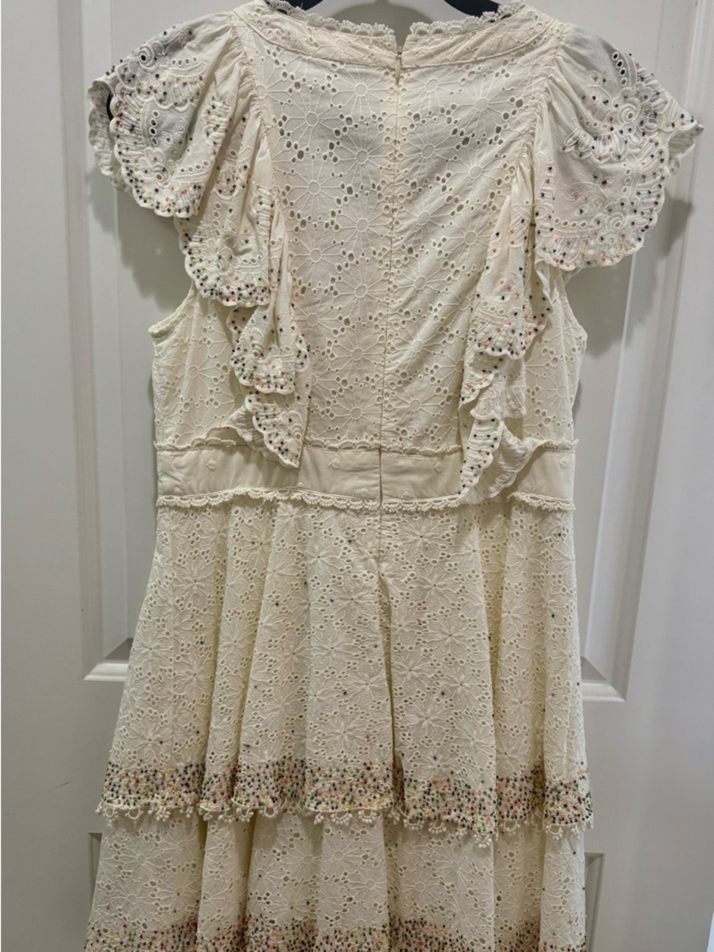 FARM Rio Ivory Eyelet Ruffle V-Neck Dress with Multicolor Beaded Dots - Picture 13 of 16